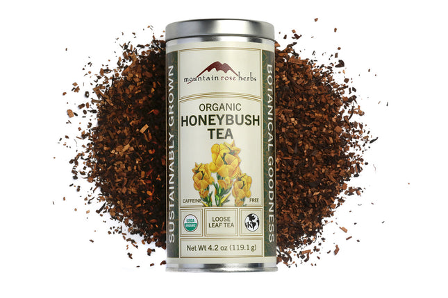 Tin of Organic Honeybush Tea from Mountain Rose Herbs – loose herbal blend with golden tones, ideal for caffeine-free rituals and fruity iced tea. Raven's Cauldron, 6 N. Sandusky St, Delaware, OH 43015

