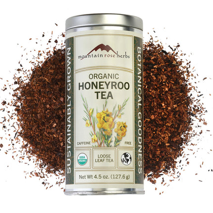 Mountain Rose Herbs Organic Honeyroo Tea loose leaf herbal tea in a 4.5 oz reusable canister containing approximately 58 servings of organic rooibos and honeybush caffeine-free tea.