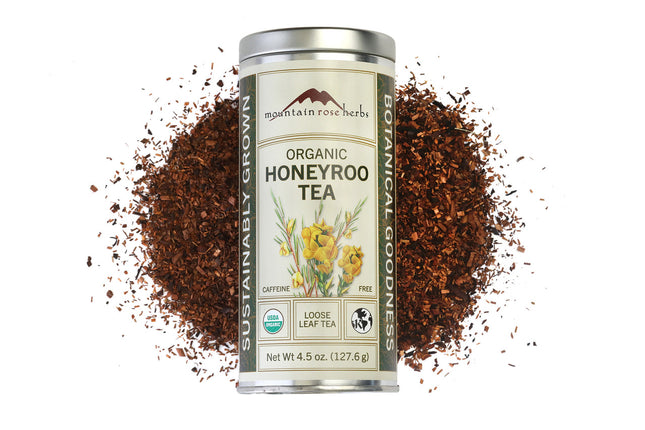 Mountain Rose Herbs Organic Honeyroo Tea loose leaf herbal tea in a 4.5 oz reusable canister containing approximately 58 servings of organic rooibos and honeybush caffeine-free tea.