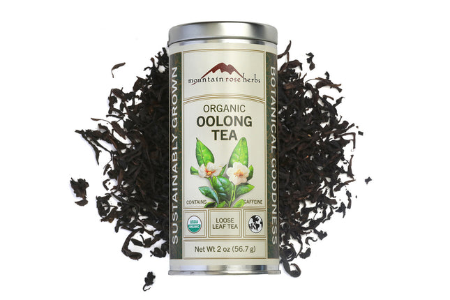 Mountain Rose Herbs organic oolong tea canister with loose tea leaves on a white background, Raven's Cauldron, 6 N. Sandusky St, Delaware, OH 43015