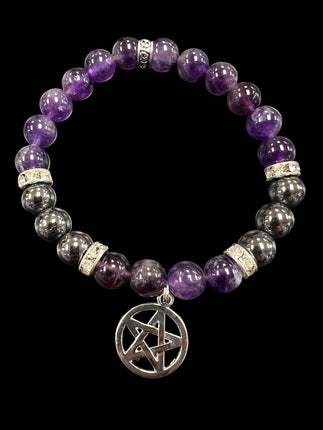 Amethyst and Hematite with Pentagram Charm Bracelet | 8mm Beads
