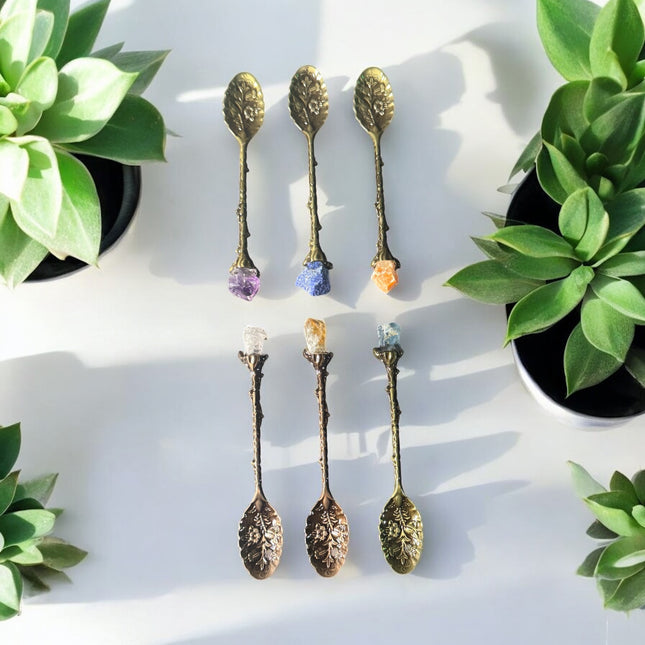 Raw gemstone tea spoon with copper finish and crystal accent, 4.25 inches – Raven’s Cauldron, 6 N Sandusky St, Delaware, OH 43015