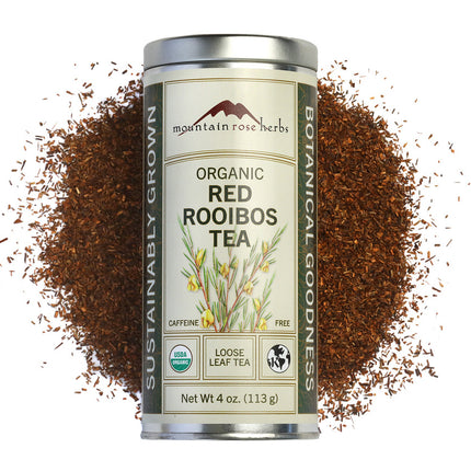 Mountain Rose Herbs Organic Red Rooibos Tea 4 oz loose leaf herbal tea in reusable canister with approximately 57 servings, naturally caffeine free from South Africa
