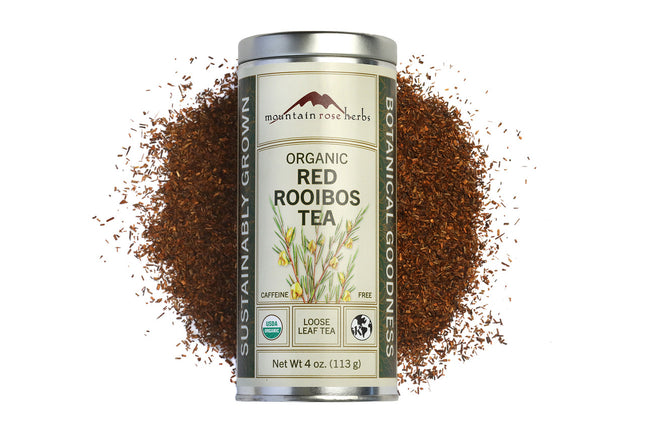 Mountain Rose Herbs Organic Red Rooibos Tea 4 oz loose leaf herbal tea in reusable canister with approximately 57 servings, naturally caffeine free from South Africa