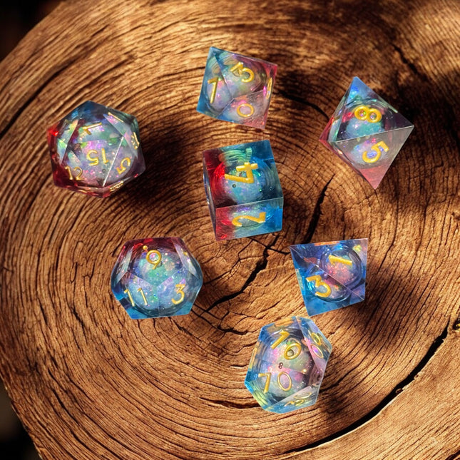 Red & Blue Cosmos Liquid Core Dice Set – 7-Piece Glitter-Filled Polyhedral Dice for Dungeons & Dragons & TTRPGs