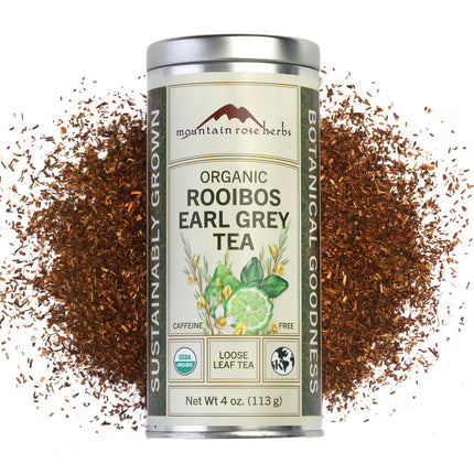 Mountain Rose Herbs Organic Rooibos Earl Grey Tea 4 oz loose leaf herbal tea canister with naturally caffeine-free bergamot rooibos blend sold by Raven's Cauldron