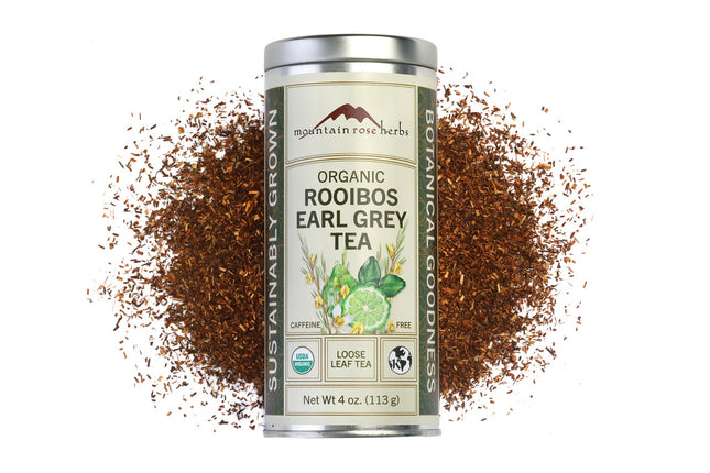 Mountain Rose Herbs Organic Rooibos Earl Grey Tea 4 oz loose leaf herbal tea canister with naturally caffeine-free bergamot rooibos blend sold by Raven's Cauldron