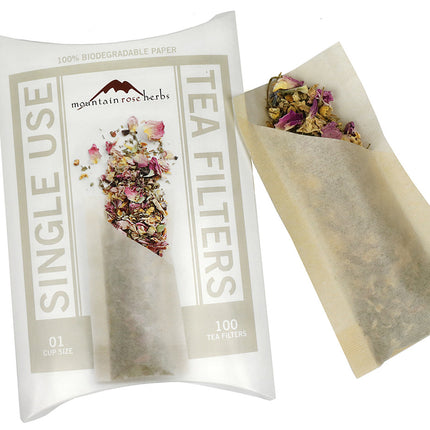 Mountain Rose Herbs disposable tea filters box with 100 biodegradable unbleached paper filters for brewing loose leaf tea in mugs and teapots.