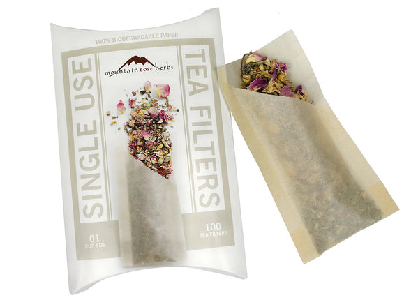 Mountain Rose Herbs disposable tea filters box with 100 biodegradable unbleached paper filters for brewing loose leaf tea in mugs and teapots.