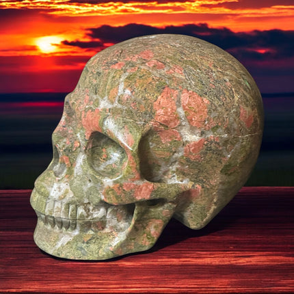 1521g Unakite crystal skull in earthy green and pink tones – Raven’s Cauldron, 6 N Sandusky St, Delaware, OH 43015