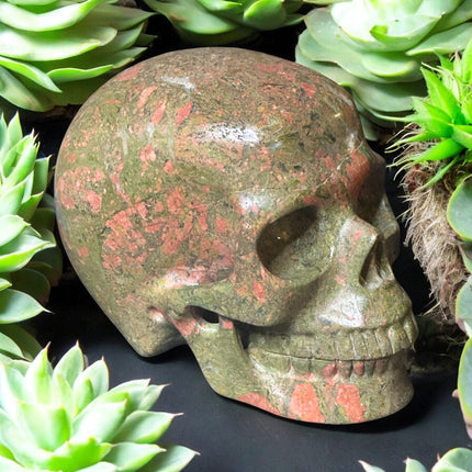 1521g Unakite crystal skull in earthy green and pink tones – Raven’s Cauldron, 6 N Sandusky St, Delaware, OH 43015