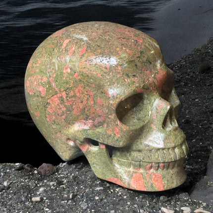1521g Unakite crystal skull in earthy green and pink tones – Raven’s Cauldron, 6 N Sandusky St, Delaware, OH 43015
