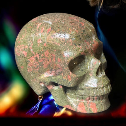 1521g Unakite crystal skull in earthy green and pink tones – Raven’s Cauldron, 6 N Sandusky St, Delaware, OH 43015
