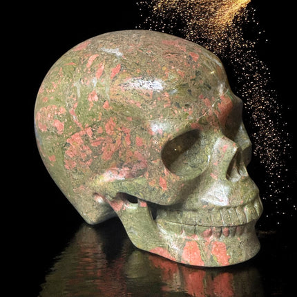 1521g Unakite crystal skull in earthy green and pink tones – Raven’s Cauldron, 6 N Sandusky St, Delaware, OH 43015