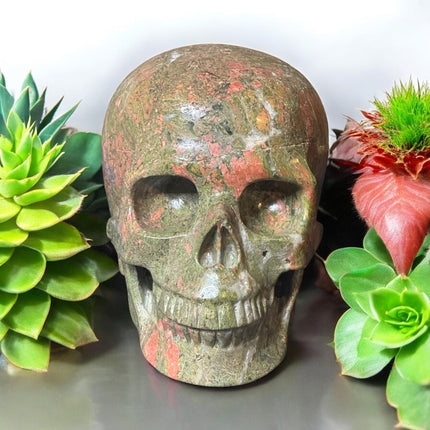 1521g Unakite crystal skull in earthy green and pink tones – Raven’s Cauldron, 6 N Sandusky St, Delaware, OH 43015