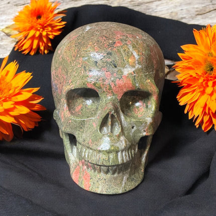 1521g Unakite crystal skull in earthy green and pink tones – Raven’s Cauldron, 6 N Sandusky St, Delaware, OH 43015