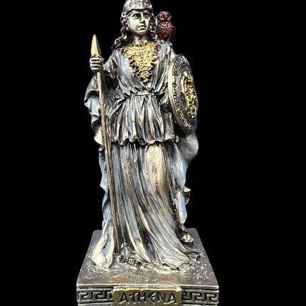 Athena, Greek Goddess of Wisdom, Holding Spear and Shield, with Owl Miniature Statue by Veronese Design - Raven's Cauldron