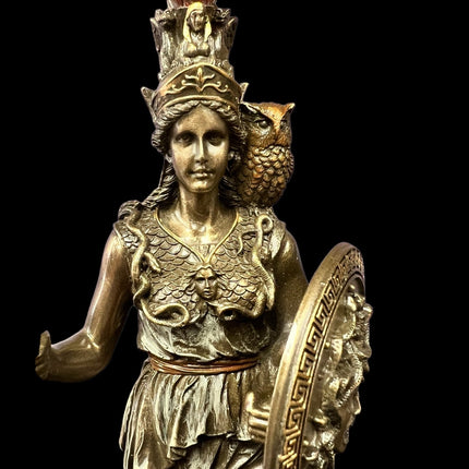 Athena, Greek Goddess of Wisdom, Holding Spear and Shield, with Owl Statue by Veronese Design - Raven's Cauldron