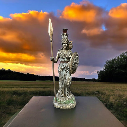 Athena, Greek Goddess of Wisdom, Holding Spear and Shield, with Owl Statue by Veronese Design - Raven's Cauldron