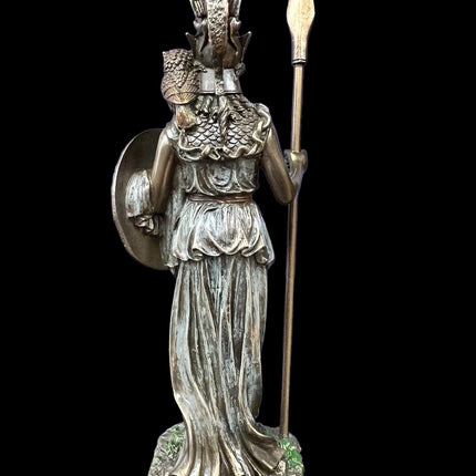 Athena, Greek Goddess of Wisdom, Holding Spear and Shield, with Owl Statue by Veronese Design - Raven's Cauldron