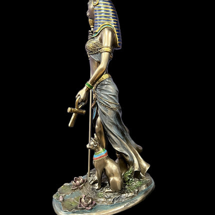 Bastet, Egyptian Goddess, of Protection, holding Ankh and Sistrum Statue by Veronese Designs - Raven's Cauldron