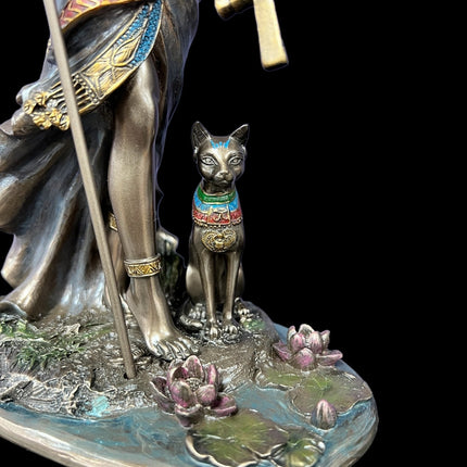 Bastet, Egyptian Goddess, of Protection, holding Ankh and Sistrum Statue by Veronese Designs - Raven's Cauldron