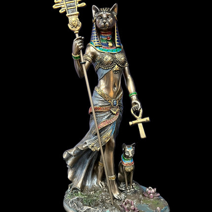 Bastet, Egyptian Goddess, of Protection, holding Ankh and Sistrum Statue by Veronese Designs - Raven's Cauldron