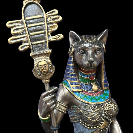 Bastet, Egyptian Goddess, of Protection, holding Ankh and Sistrum Statue by Veronese Designs - Raven's Cauldron