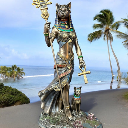 Bastet, Egyptian Goddess, of Protection, holding Ankh and Sistrum Statue by Veronese Designs - Raven's Cauldron