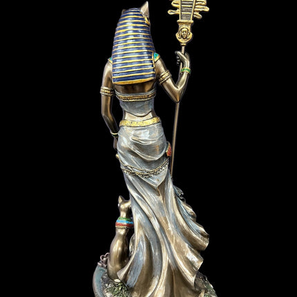 Bastet, Egyptian Goddess, of Protection, holding Ankh and Sistrum Statue by Veronese Designs - Raven's Cauldron