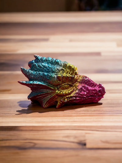 Rainbow Bismuth Dragon Skull – 877g Iridescent Crystal Carving for Transformation & Dragon Energy