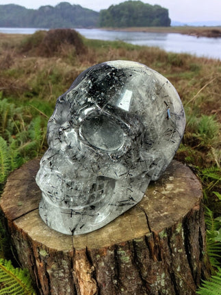 Black Rutilated Quartz Crystal Skull, Black Rutile Quartz Skull, Crystal Shop Decor, Black Quartz Crystal, Work From Home - Raven's Cauldron