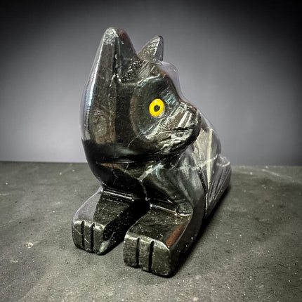 Black Calcite cat figurine hand carved polished crystal laying down for grounding protection energy clearing Raven’s Cauldron, 6 N Sandusky St, Delaware, OH 43015