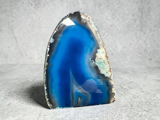 Dyed Blue Agate freeform crystal with cut base polished standing stone 168 grams Raven’s Cauldron Delaware Ohio