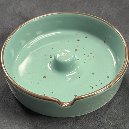 Blue green ceramic incense burner round glossy speckled finish with side notch for incense stick ash catcher 3.75 inch holder, Raven's Cauldron, 6 N Sandusky St, Delaware, OH