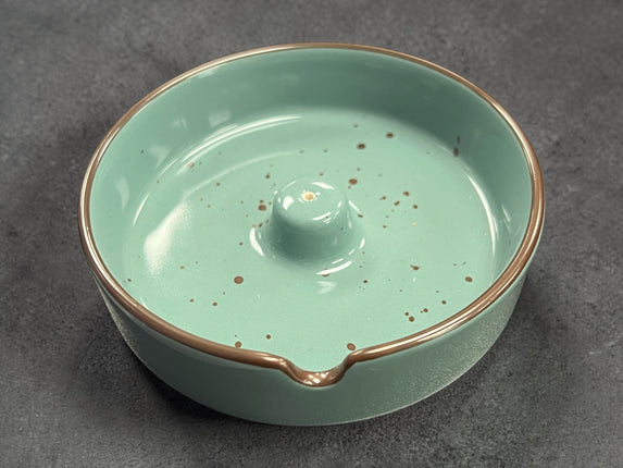 Blue green ceramic incense burner round glossy speckled finish with side notch for incense stick ash catcher 3.75 inch holder, Raven's Cauldron, 6 N Sandusky St, Delaware, OH