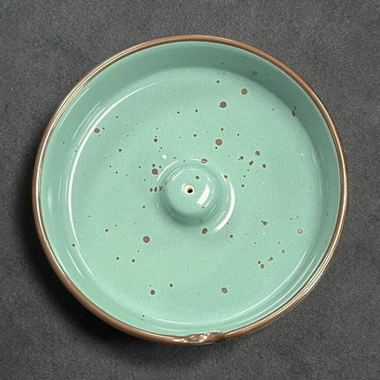 Blue green ceramic incense burner round glossy speckled finish with side notch for incense stick ash catcher 3.75 inch holder, Raven's Cauldron, 6 N Sandusky St, Delaware, OH