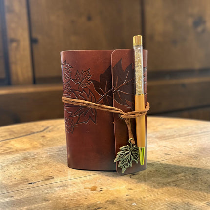 Maple Leaf Journal with matching crystal pen measuring 5.75 x 4.25 inches for journaling, tarot notes and spiritual writing.
