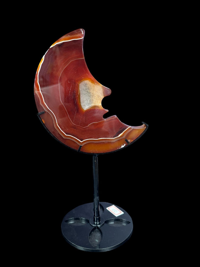 Carnelian Agate Moon Face Carving, Banded Carnelian Agate Moon, Crystal Shop Moon Carving, Carnelian Crystal Deck Decor - Raven's Cauldron