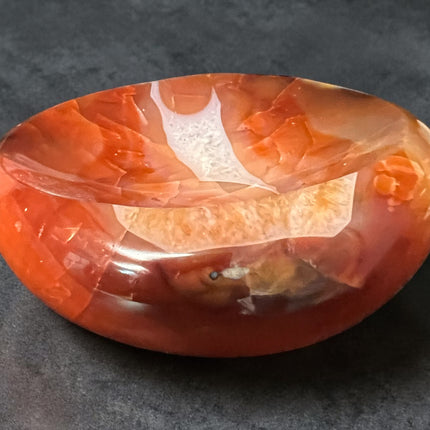 Carnelian crystal bowl hand carved polished orange stone 244 grams charging dish for crystals and jewelry, Raven's Cauldron, 6 N Sandusky St, Delaware, OH
