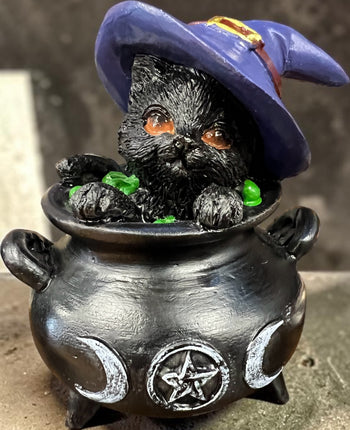 Nemesis Now Hubble black cat sitting inside a witch's cauldron wearing a purple witch's hat resin figurine.