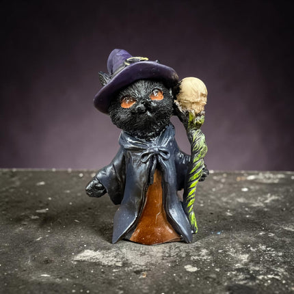 Whiskered Wizard black cat figurine by Nemesis Now wearing a witch hat and holding a magical staff.
