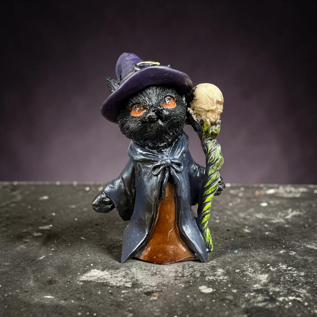 Whiskered Wizard black cat figurine by Nemesis Now wearing a witch hat and holding a magical staff.