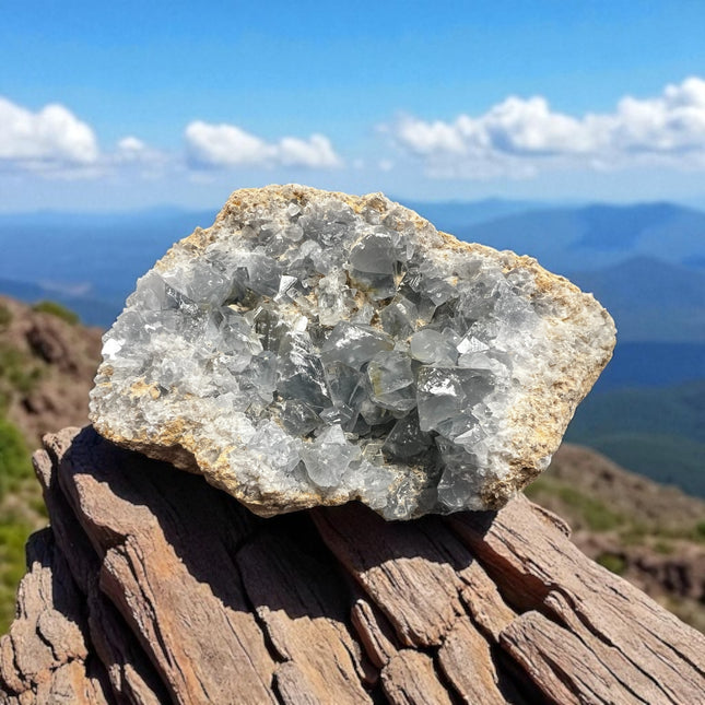 Celestite cluster crystal, 1430 grams- brilliant blue points from Madagascar – displayed for metaphysical use and altar decor. Raven's Cauldron, 6 N. Sandusky St., Delaware, OH 43015