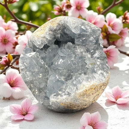 High-quality Celestite geode with light blue crystals, weighing 3.06 lbs and measuring 3.75 x 3 inches – perfect for spiritual peace and clarity. Raven's Cauldron, 6 N. Sandusky St., Delaware, OH 43015