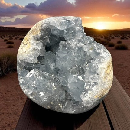 High-quality Celestite geode with light blue crystals, weighing 3.06 lbs and measuring 3.75 x 3 inches – perfect for spiritual peace and clarity. Raven's Cauldron, 6 N. Sandusky St., Delaware, OH 43015
