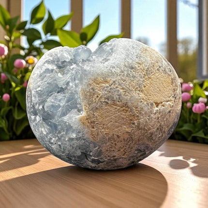 High-quality Celestite geode with light blue crystals, weighing 3.06 lbs and measuring 3.75 x 3 inches – perfect for spiritual peace and clarity. Raven's Cauldron, 6 N. Sandusky St., Delaware, OH 43015