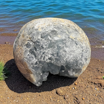 High-quality Celestite geode with light blue crystals, weighing 3.06 lbs and measuring 3.75 x 3 inches – perfect for spiritual peace and clarity. Raven's Cauldron, 6 N. Sandusky St., Delaware, OH 43015