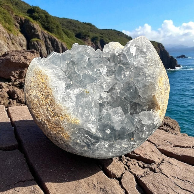 High-quality Celestite geode with light blue crystals, weighing 3.06 lbs and measuring 3.75 x 3 inches – perfect for spiritual peace and clarity. Raven's Cauldron, 6 N. Sandusky St., Delaware, OH 43015