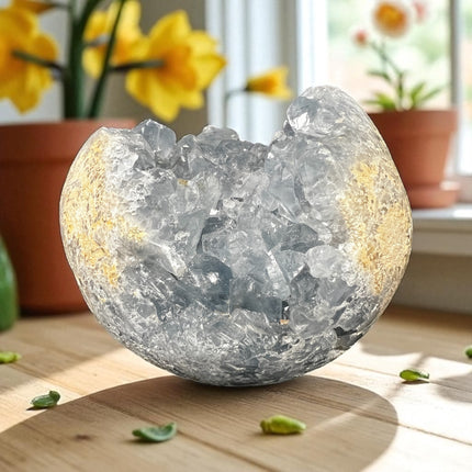 High-quality Celestite geode with light blue crystals, weighing 3.06 lbs and measuring 3.75 x 3 inches – perfect for spiritual peace and clarity. Raven's Cauldron, 6 N. Sandusky St., Delaware, OH 43015